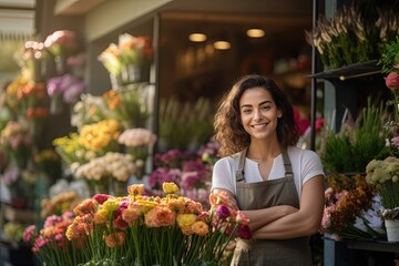 Smiling florist standing in front of a flower shop.
