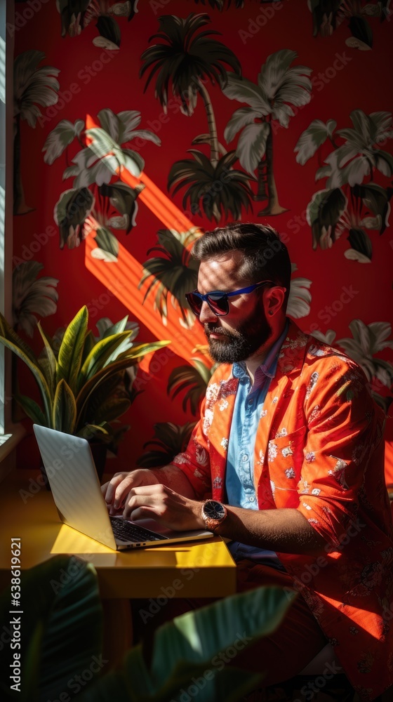 Poster a man sitting at a table using a laptop computer. generative ai.