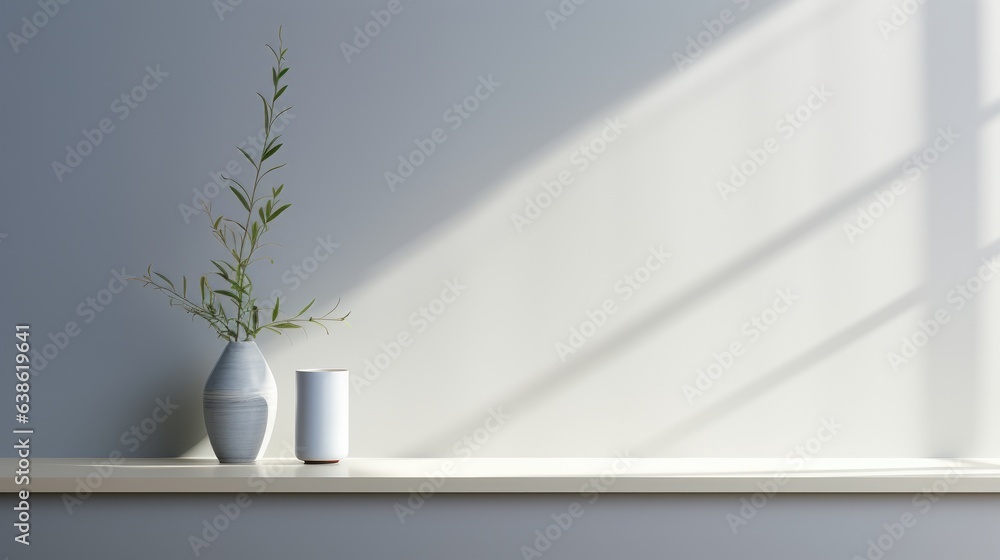 Poster two vases sitting on a shelf next to a window. generative ai.