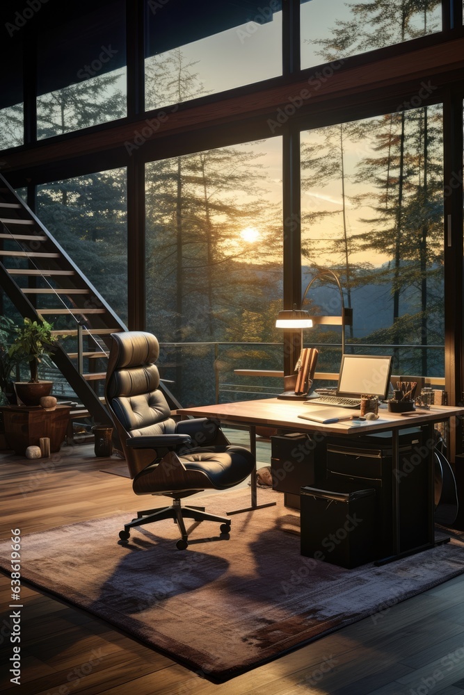 Poster a desk with a laptop and a chair in front of a window. generative ai.