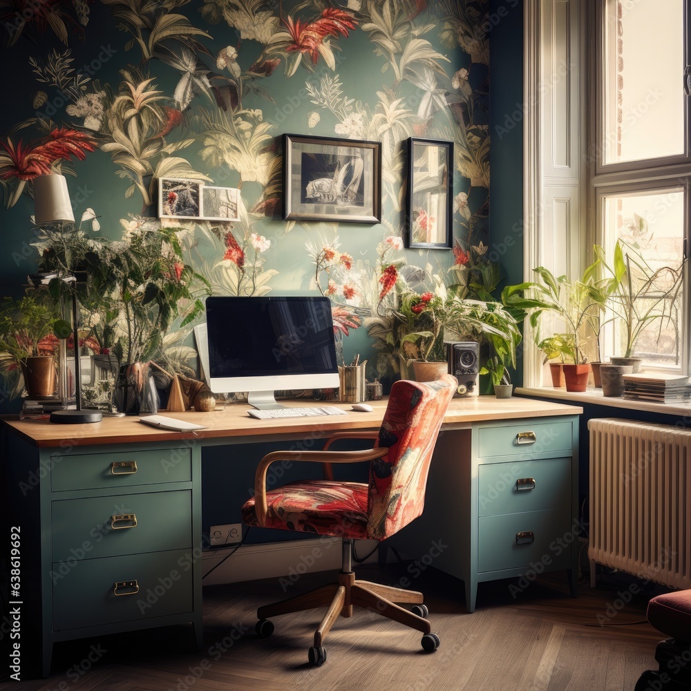 Poster a desk with a computer on top of it. generative ai.