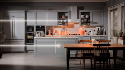 A kitchen with a table and chairs in it. Generative AI.