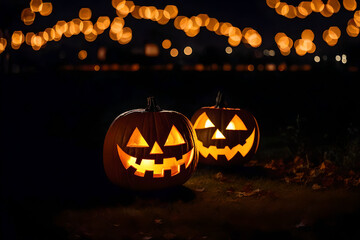 an outdoor halloween night scenery in the neighborhood yard with glowing Jack o lantern lanterns and orange light decoration


