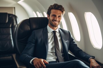 Smiling businessman in suit sitting in an airplane.