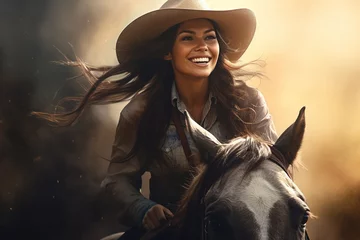 Poster Im Rahmen Smiling woman in cowboy style riding a horse. © Bargais