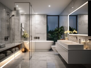 Fototapeta na wymiar A bathroom with a large window and a tub. Generative AI.