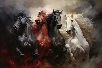 Four horses of the apocalypse - white, red, black and pale. Bible revelation. - obrazy, fototapety, plakaty