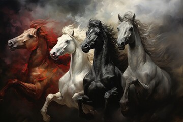 Naklejka na ściany i meble Four horses of the apocalypse - white, red, black and pale. Bible revelation.