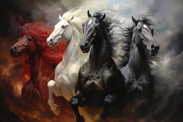 Four horses of the apocalypse - white, red, black and pale. Bible revelation. - obrazy, fototapety, plakaty