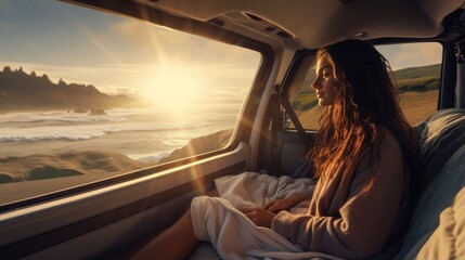 Cute woman traveling in her van. Generative AI