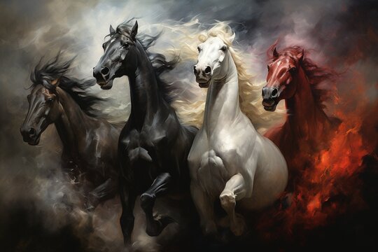 Four horses of the apocalypse - white, red, black and pale. Bible revelation.