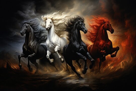 Four horses of the apocalypse - white, red, black and pale. Bible revelation.