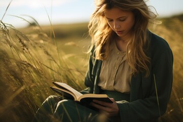 Woman reading a book in a field. - obrazy, fototapety, plakaty