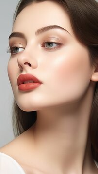 Beautiful young female model with red sensual lips, AI generated image