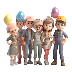 3d rendering of a group of children with different professions on a white background