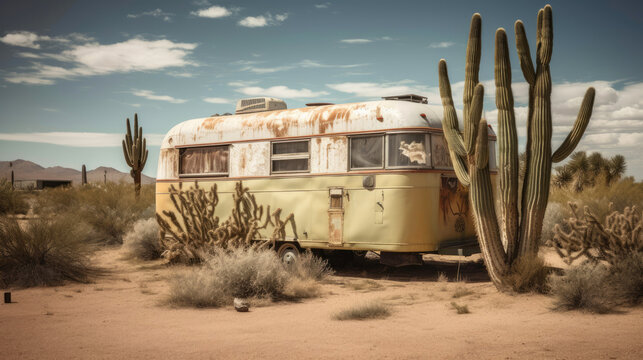 Old style retro caravan abandoned in the desert with sand and cactus. Generative AI