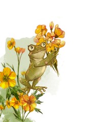 Cute little frog with bouquet of flowers. Watercolor baby illustration. Hand drawn cartoon animal card.