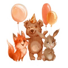 Holiday animals illustration. Party illustration of baby fox, bear, bunny with balloons. Cartoon forest friends isolated on white background.