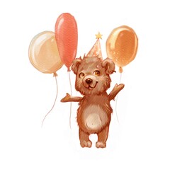 Birthday teddy bear. Party watercolor illustration with balloons. Cartoon cute animal isolated on white background.