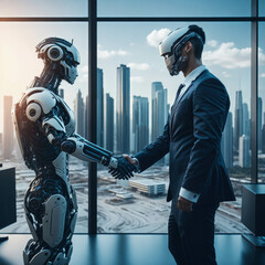 Realistic Cyborg, Robot Shaking Hands, Modern Office Building, End Of Meeting, Robots In Human Jobs Concept, Generative AI