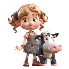 3D Render of a Little Girl with a cow and a cow
