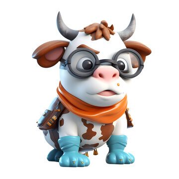 Cartoon cow with scarf and glasses on a white background. 3d rendering