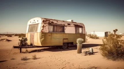 Fotobehang Old style retro caravan abandoned in the desert with sand and cactus. Generative AI © piai