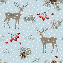 Christmas seamless pattern, deer animals, pine twigs, cones, red berries, snow, gray background. Vector illustration. Nature design. Season greeting. Winter Xmas holidays