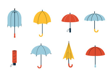 Set of colourful cartoon umbrellas in different designs. Autum or spring time, rain protection. Vector illustration isolated on white background. 