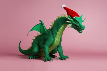 Green big dragon in Santa Claus hat on pink background