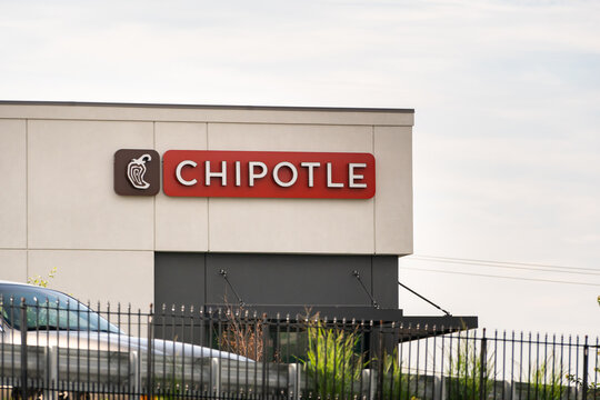 Waynesboro, VA US - July 2, 2023: Chipotle fast food location with logo sign on exterior of building