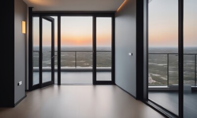 Open door with a key to a large bright luxury room with big windows in a new apartment. Mortgage, investment, rent, real estate