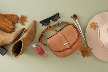 Step into fall's embrace with confidence and style. Top view composition of trendy hat, cozy boots,...