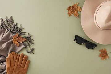 Unveil your inner fashionista with cozy autumn attire. Top view arrangement of woolen floppy hat, grey scarf, stylish eyewear, dry maple leaves on pastel green background with banner area