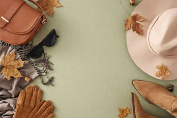Craft your signature look with autumn-inspired details. Top view flat lay of woolen hat, grey...