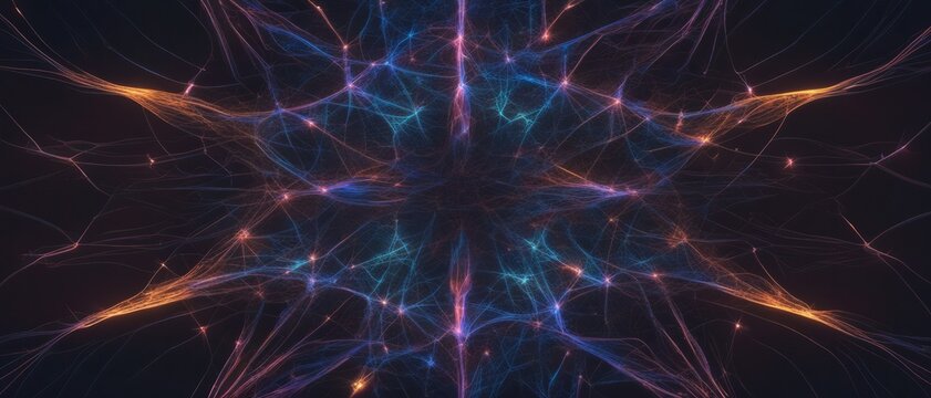 Abstract representation of a neural network as a fractal mirroring recursive repetition in space, neon glowing connections