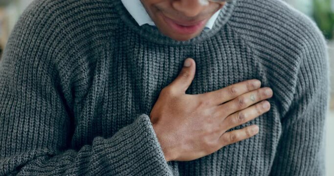 Sick, cough and man with pain in chest, cold and bacteria of virus, healthcare or lungs. Closeup, hands and coughing for asthma attack, tuberculosis and sore throat of allergy, influenza or pneumonia