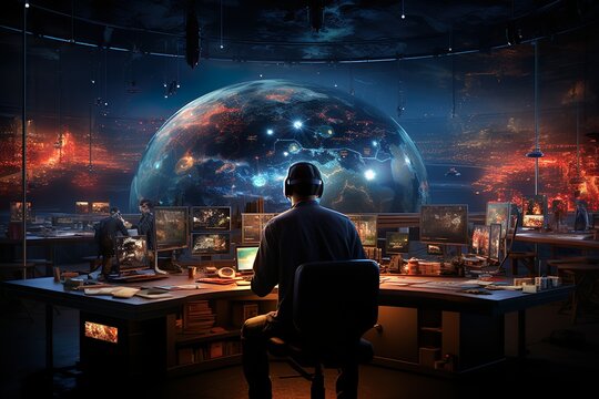 Cyber Security mit Monitor Schaltpult und Terminal