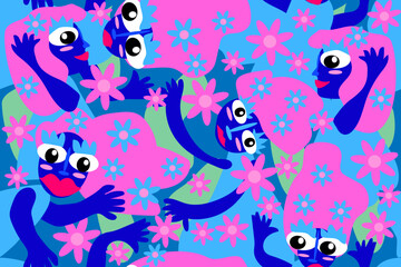 Fototapeta na wymiar Beautiful happy blue cartoon girl with pink hair and flowers. Woman, women. Alien women on flower field. Mental health. Trendy, stylish, fashionable, seamless vector pattern for design and decoration.