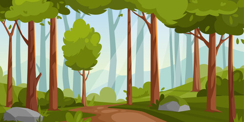 Forest landscape. Vector illustration of forest nature panorama with oak trees, meadow, bushes, dense wood, stone, road and mountains landscape. Cartoon spring green forest with place for camping.