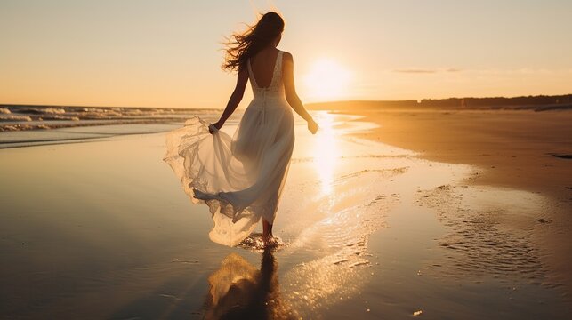 Beautiful bridal in beach at sunset, AI generated image
