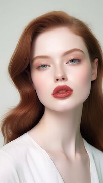 Beautiful young female model with red sensual lips, AI generated image