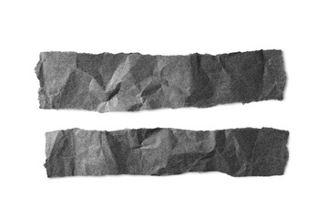 Black crumpled paper pieces with torn edge isolated on white, transparent background, PNG. Recycled...