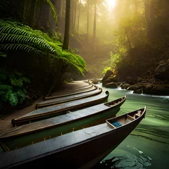 Wallpaper murals Road in forest Jungle river with boat