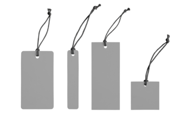 Various shape of blank gray paper label or cloth tag set isolated on white, transparent background, PNG. Price tag mockup template with copy space for brand, information. Shopping, black friday sale