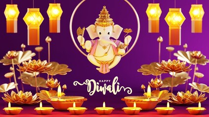 3D rendering for diwali festival Diwali, Deepavali or Dipavali the festival of lights india with gold diya patterned on color Background.