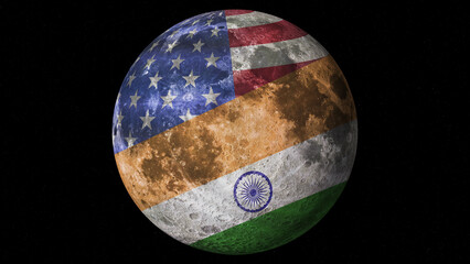 Moon with the flag of the United States and India painted on its surface. United States vs. India. Space race concept. man on the moon 3d illustration