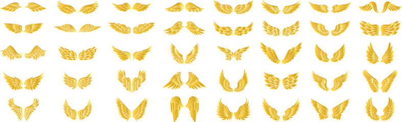 gold wings icon set. Wings icons. Collection badges of wings. Bird wings, angel wings elements. Vector illustration