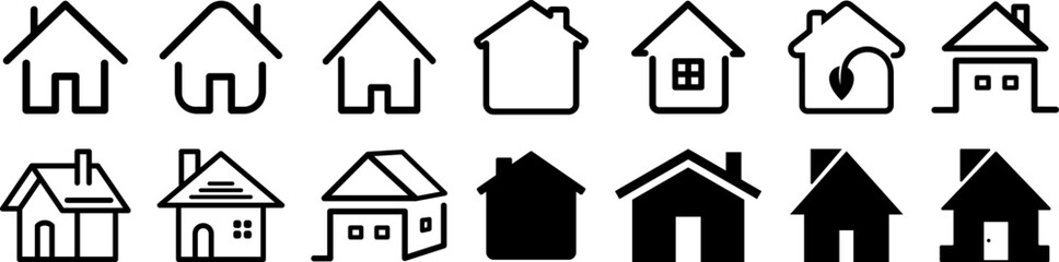 Collection home icons. Houses exterior black vector icons set. Vector illustration - obrazy, fototapety, plakaty