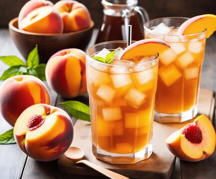 a couple of glasses filled with drinks peach ice tea
